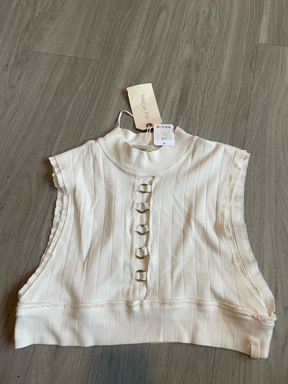 Tricia Fix Ivory Ribbed Cropped Mock Neck Tank with Ring Accents